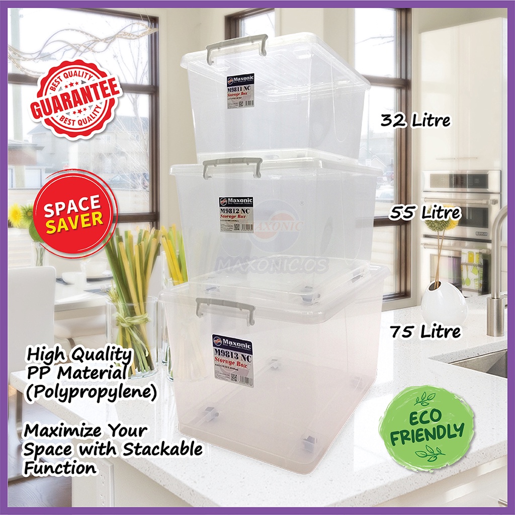 MAXONIC 75L COMBO SET 3 IN 1 MULTIPURPOSE STORAGE BOX | TRANSPARENT BOX WITH WHEELS | KOTAK SIMPANAN PLASTIK
