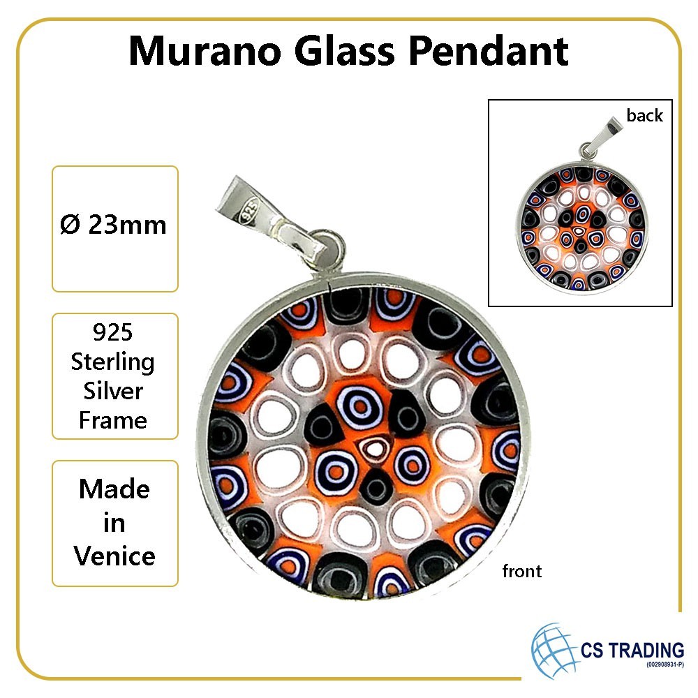 [Made in Italy] Murano Glass Millefiori Pendant Necklace Multicolor in Silver Frame 23mm for Women Handmade in Venice
