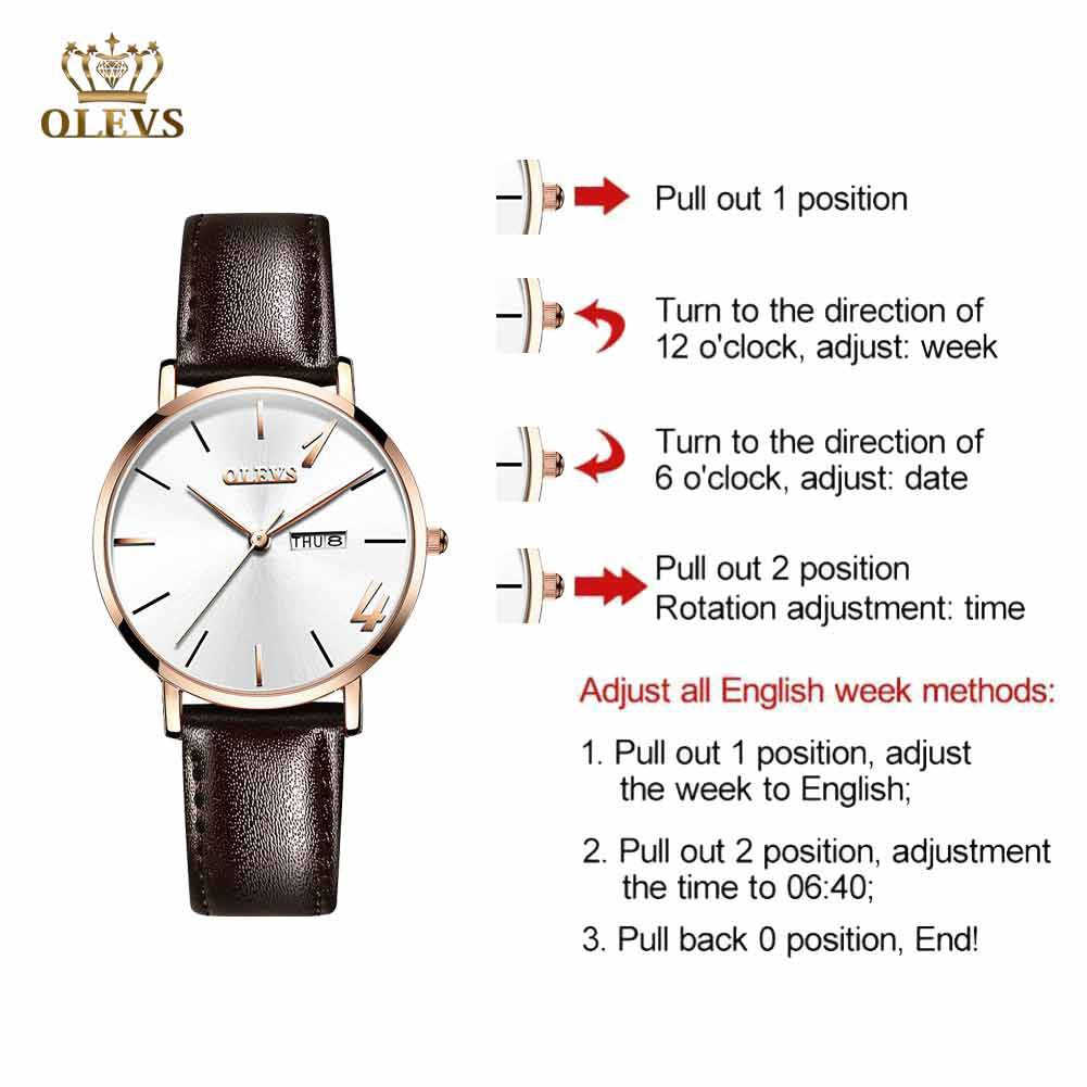 Olevs Jam Tangan Couple Tali Kulit Jam Tangan Pasangan Kalis Air Jam Couple Pasangan Murah Couple Watch Black Leather Couple Watches Original Jam Tangan Couple Watch Water Resistant Watches Couple Arabic Numerals