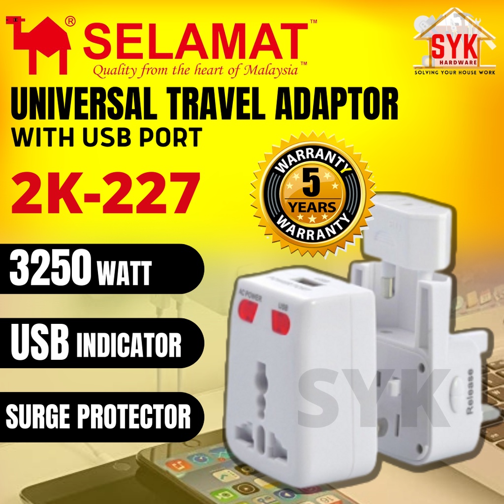 Syk Selamat 2k 227 Surge Protector 5 Way Universal Travel Adaptor With Usb Port Indicator Usb Us 4009