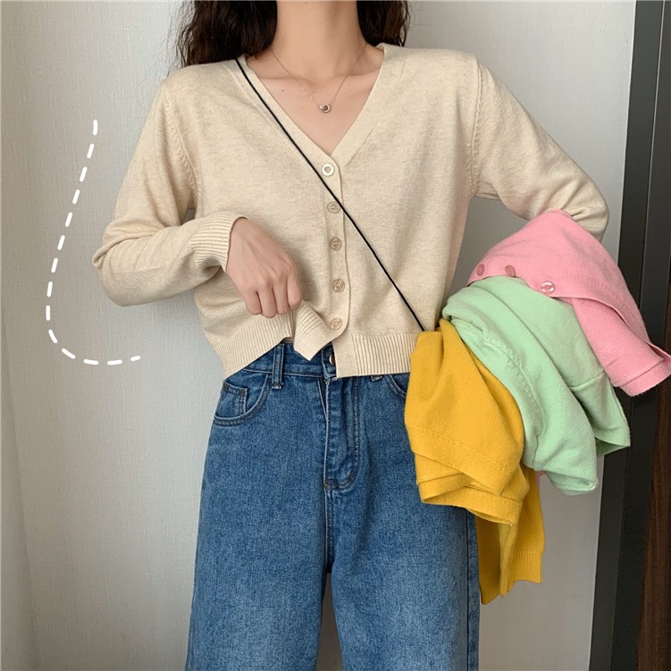 Lovev Solid color simple V neck long sleeve knit  Sweaters 