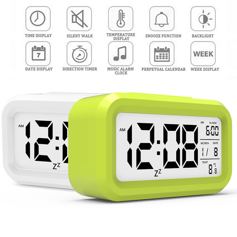 LED Alarm Clock Smart Digital Temperature Snooze LCD Mute Backlight Screen Jam Meja Desk Data Time Calendar Sensor