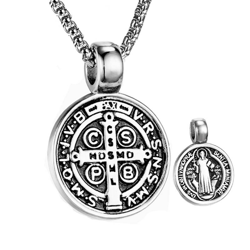 Vintage St Benedict Exorcism Women Men Necklace Round Pendant Stainless