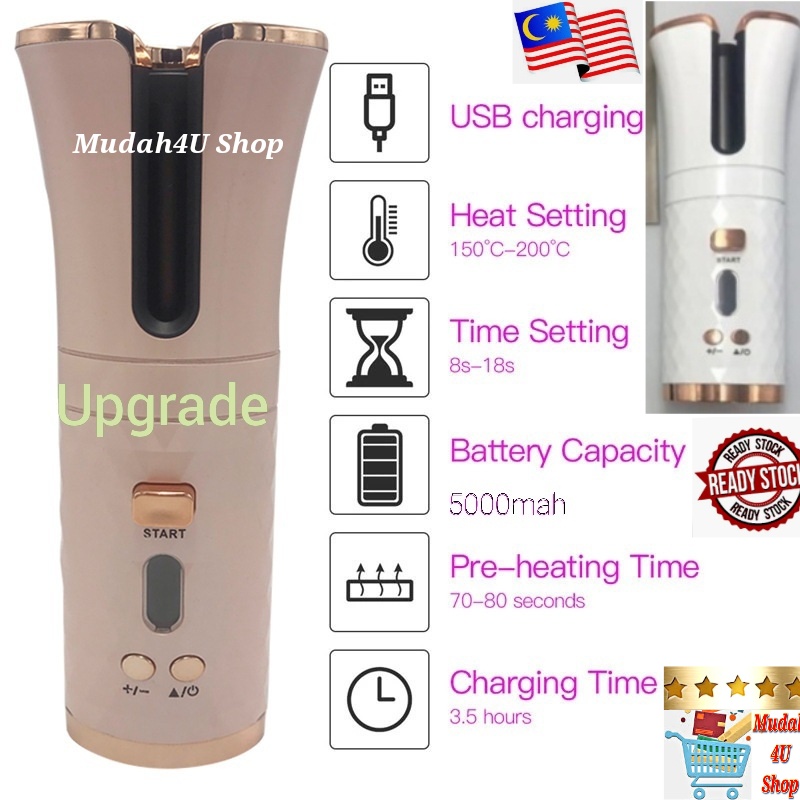 Portable USB Re-chargeable Wireless Automatic Hair Curler With LED Display, Fast Heating And Anti-scald Cera