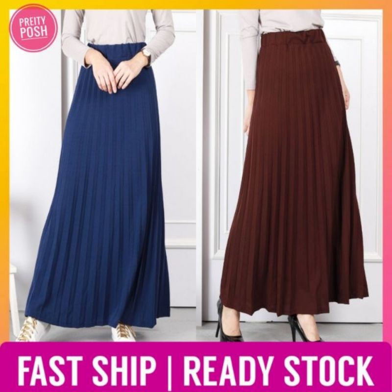 Skirt Muslimah Labuh | Elastic A Line Maxi Full Length Long Pleated ...