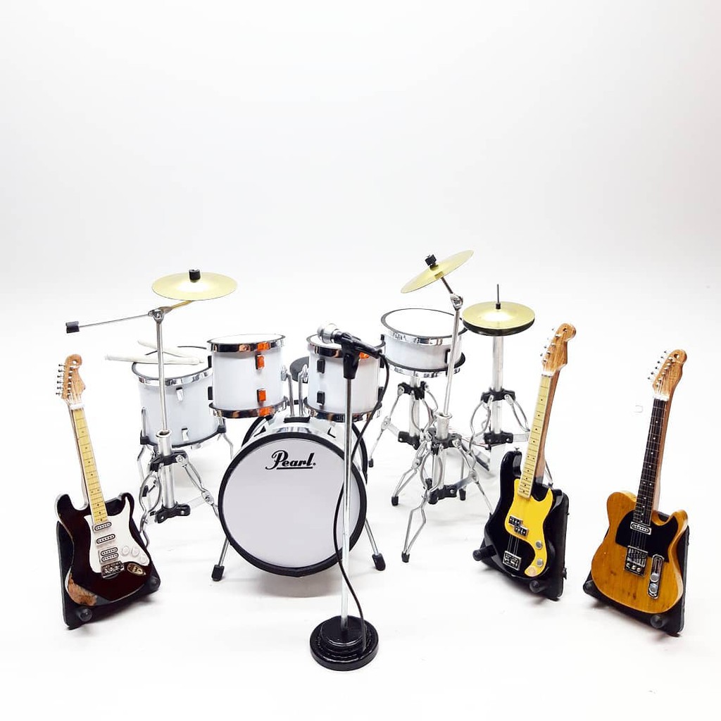 Miniature Drum Pearl White And Guitar Exclusive Plus Mic 1/12 Photography Property merchandise Accessories