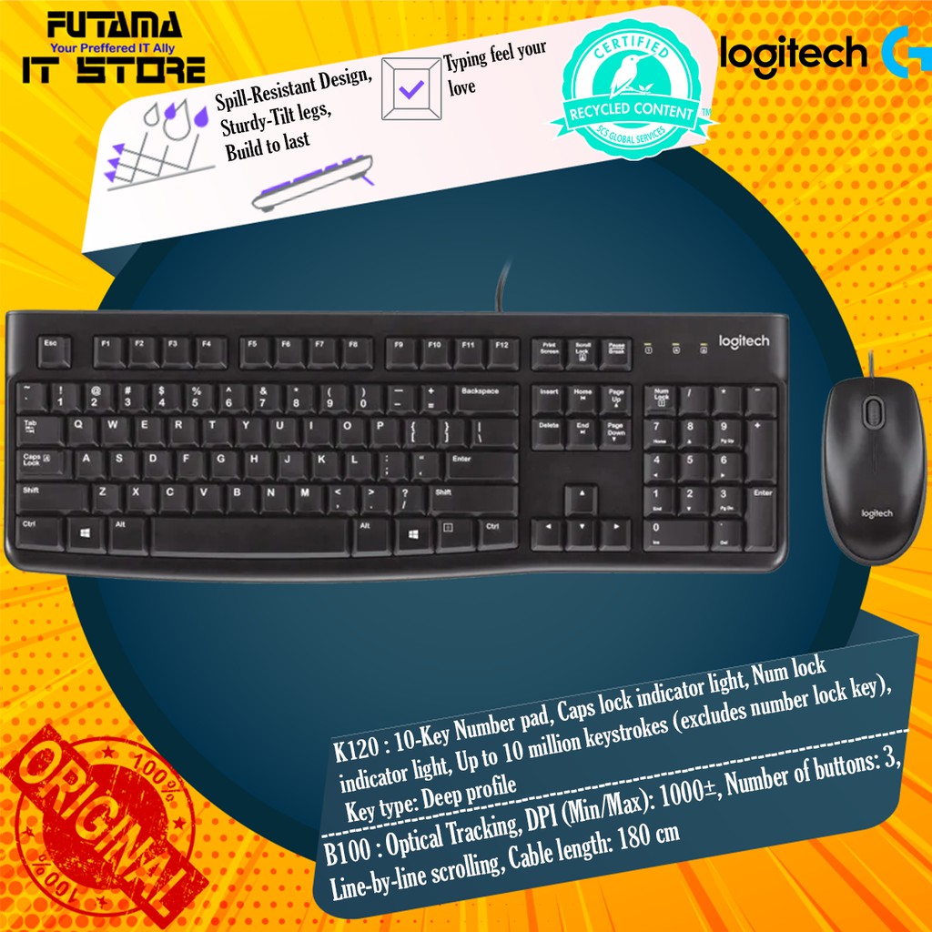 Logitech K120 USB Wired Keyboard + B100 Logitech Mice combo Shopee