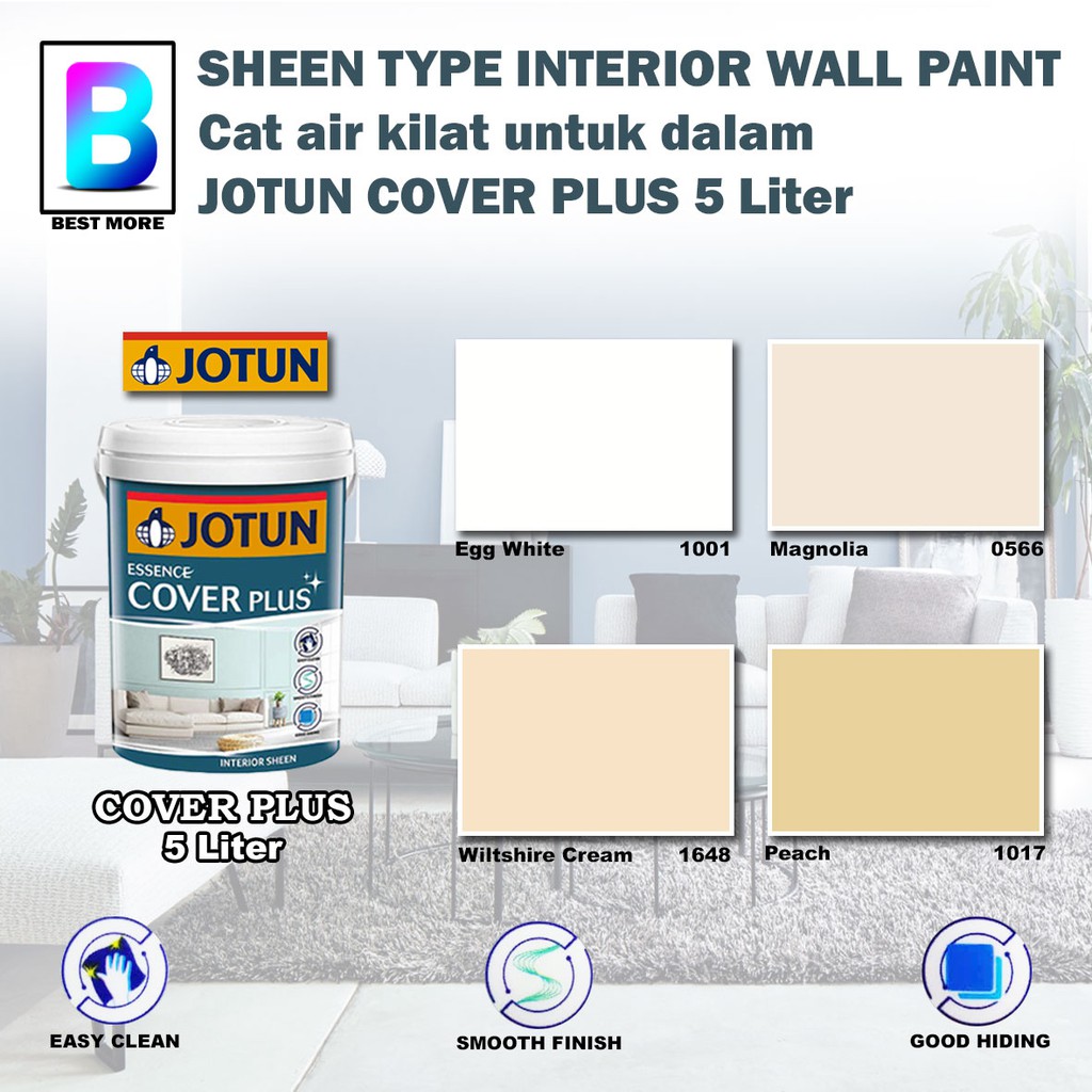 JOTUN COVER PLUS (SHEEN) forINTERIOR 5 Liter Egg White 1001 / Magnolia ...