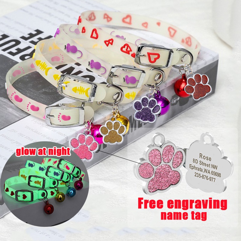 Glowing Collar With Bell Cat Collar Customized Cat Tag Name Tag Kitten Collar Puppy Collar Dog Tag Cat Necklace