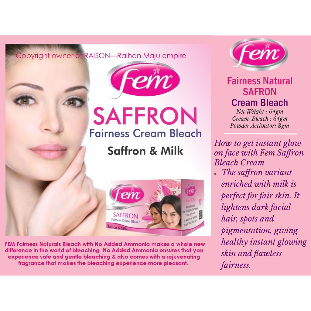 Fem Fairness Natural Safron Cream Bleach Net Weight 64gm Cream