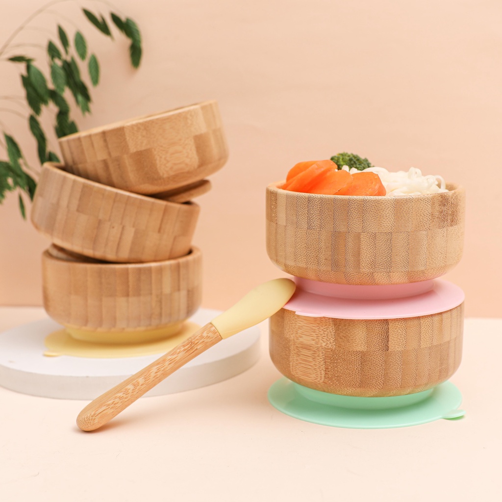 2PC/Set Baby Feeding Tableware Bamboo Bowl Silicone Spoon Waterproof Suction Set Non-Slip Crockery Baby Dishes Kitchenware