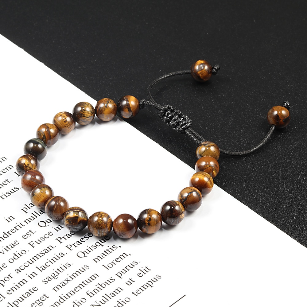 8mm Tiger Eye Stone Beads Bracelet Adjustable Braided Rope Bangles Natural Lava Rock Men Women Yoga Healing Balance Bracelets