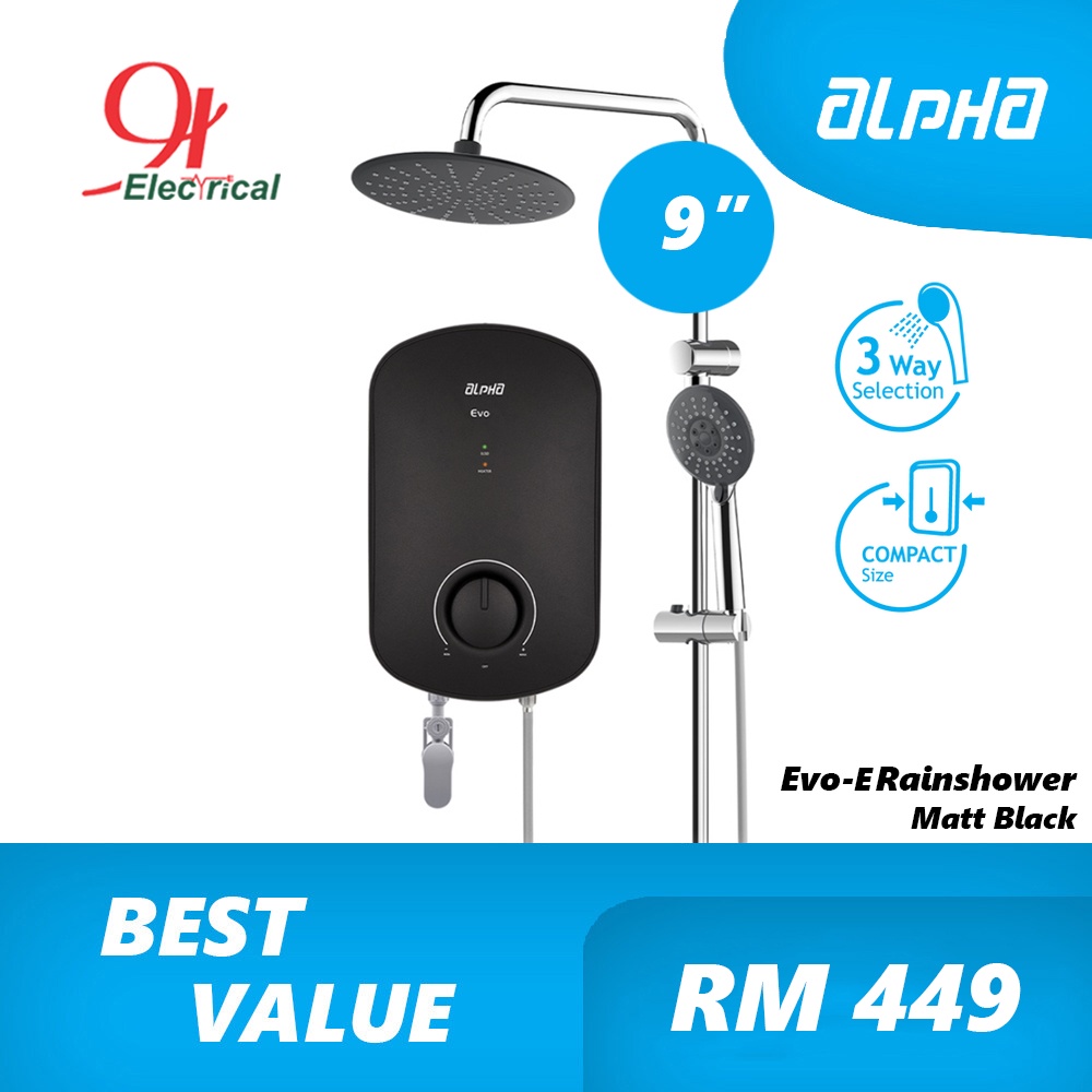 ALPHA NEW Instant Water Heater with Rainshower EVO-E Matt Black ...