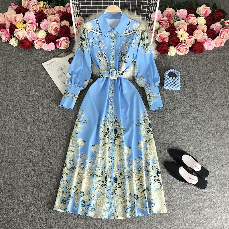Boho Vintage Dress Women Elegant Print Lapel Long Sleeve Bandage Loose A-Line Dress French Slim Resort Long Dresses
