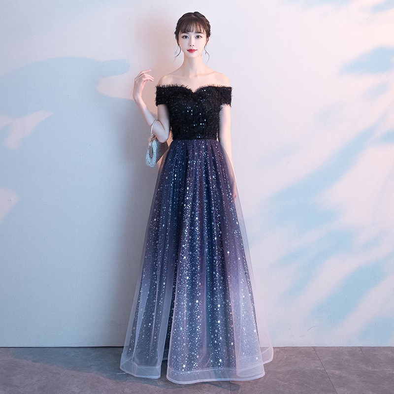 Off Shoulder Starry Gradient Evening Dress Women's Slim Sequin A-line Dresses Banquet Temperament Host Long Party Gown