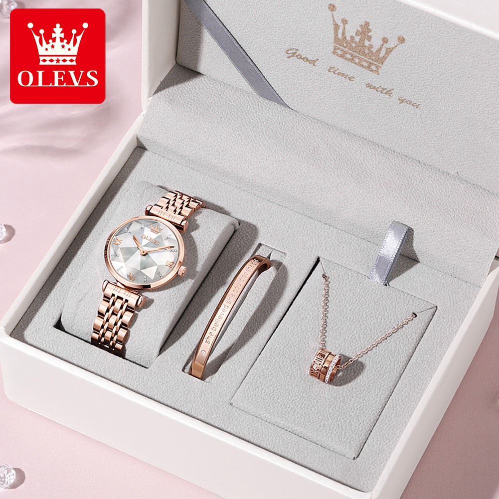 OLEVS Watch Women Gift Set Jam Tangan Wanita Original Rose Gold Casual Exclusive Rhombus Convex Mirror Watches Roman Numerals Quartz Analog Stainless Steel Ladies Watch Luxury Bracelet Necklace Set For Women Birthday