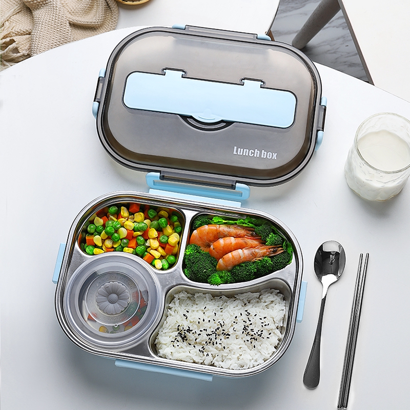 ONEISALL Lunch Box Stainless Steel with Bowl Spoon Chopsticks 4 Compartment Sealed Bento Box