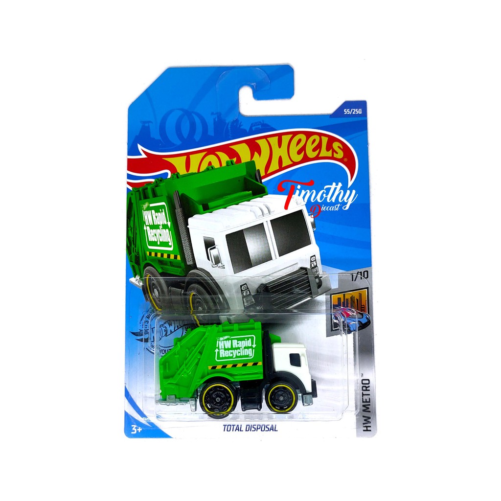 Hot Wheels Total Disposal Green White Garbage Truck Diecast Car Toy