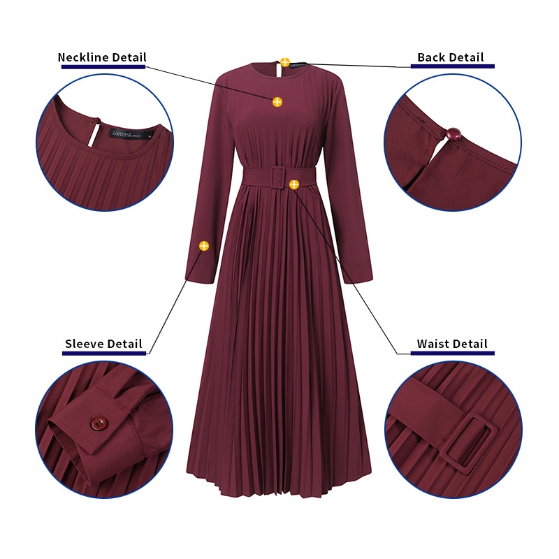ZANZEA Women Fashion Casual Solid Color Long Sleeve O Neck Retro Muslim Maxi Dress With Belt #8