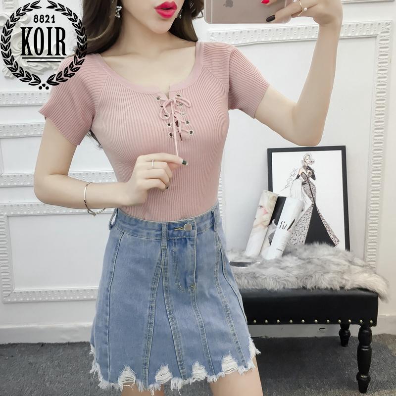 KOIR ONLINE BOUTIQUE Blouse Pure Color Short Blouse Actual Sleeve Knitted Shirt