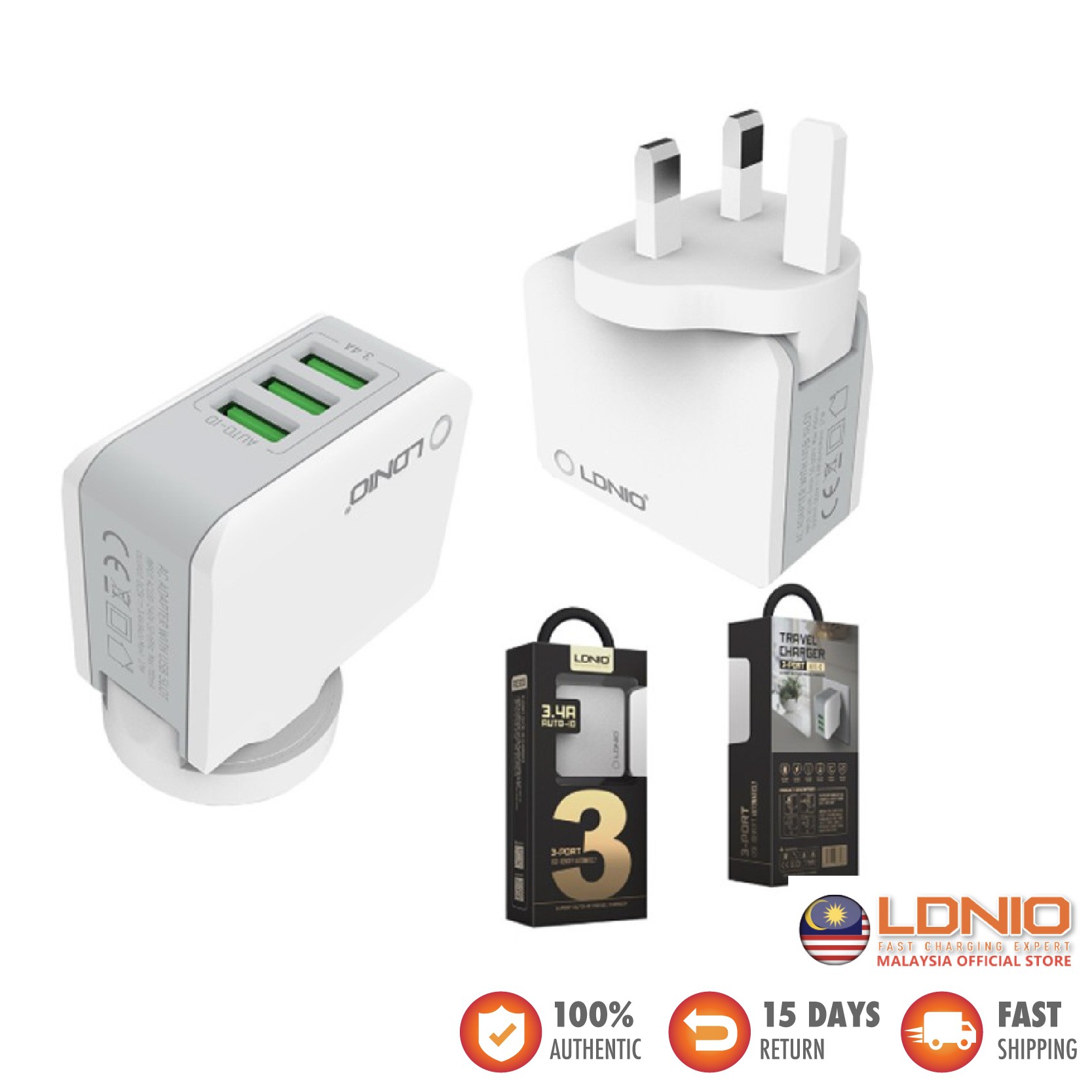 LDNIO A3303 Triple 3 USB Output Port Auto ID USB Charger (3.4A)