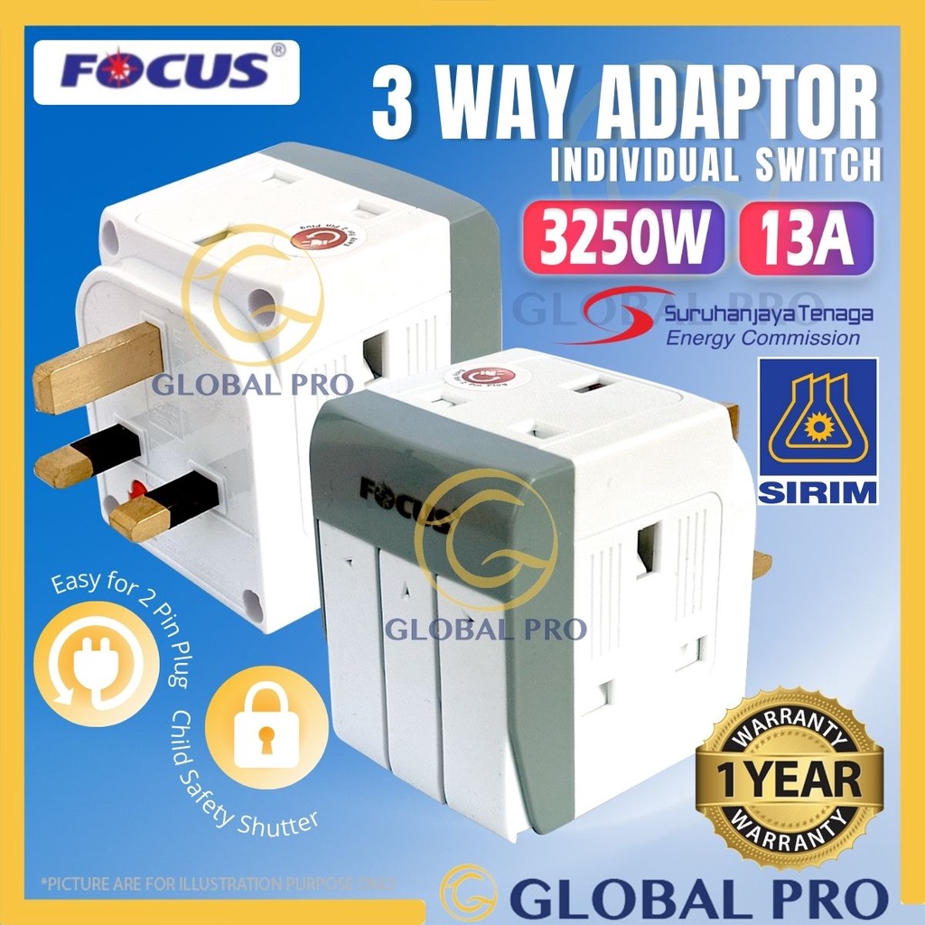 FOCUS 13A 3WAY Adaptor CW Individual Switch & Neon Safety Shutter 13A Easy for 2 Pin Plug Extension Plug ( UK131/7033 )