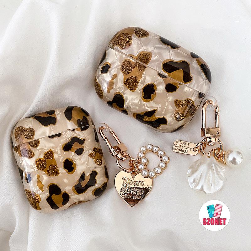 Luxury Leopard Shell Texture Headphone Protection Hard Case Cover With Pearl Lanyard Shell Token Used For AirPods 1 2 3 Pro 2 TWS Inpods 12 12 Pro