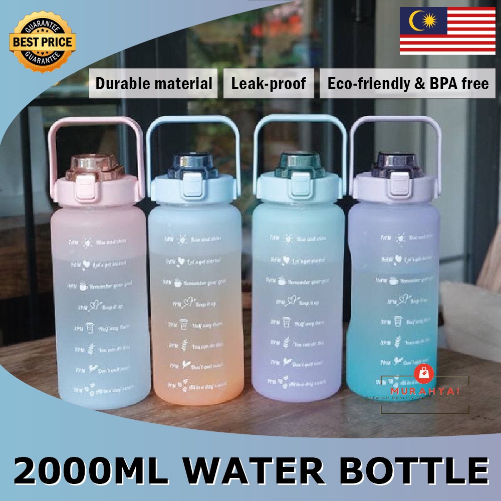 Water Bottle 2000ml with Straw Botol Air Minuman Cute Portable Time ...