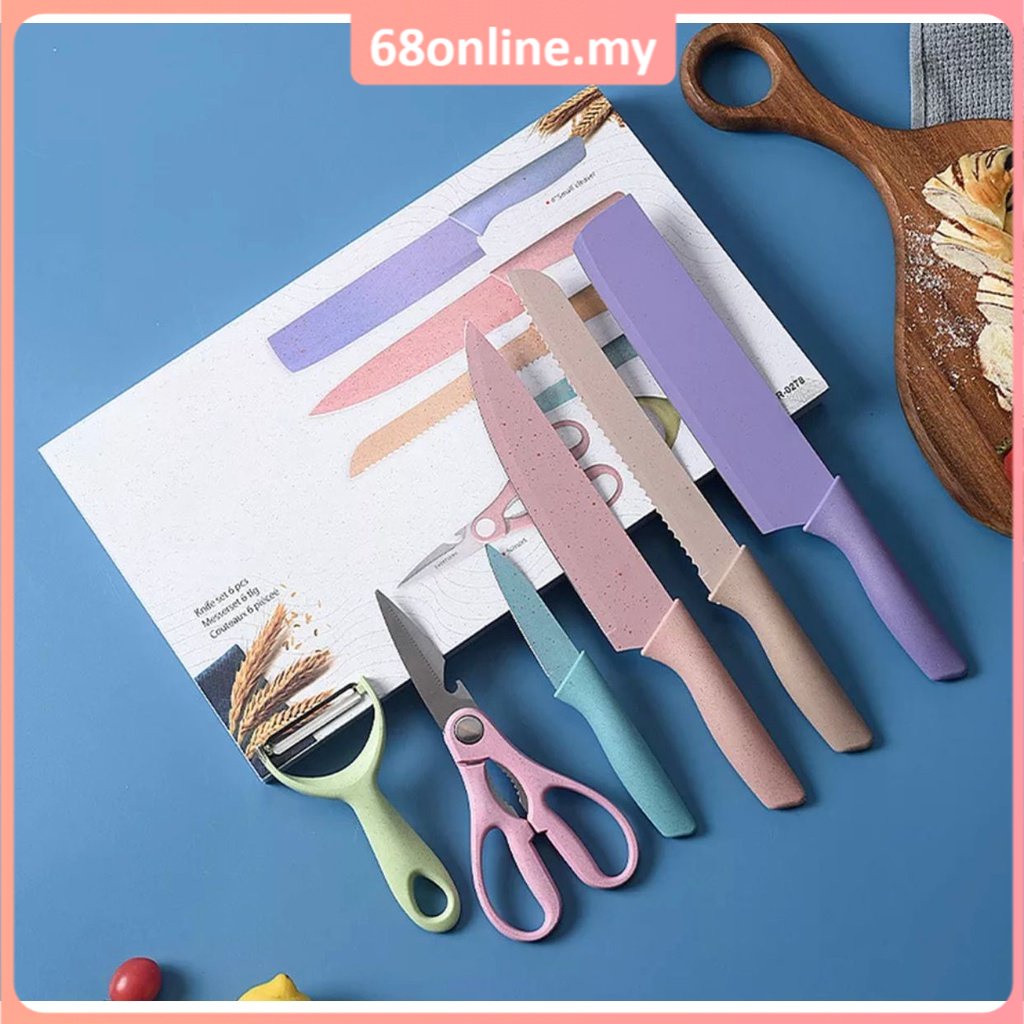 [Johor Seller] 6Pcs/Set Stainless Steel Knife Set Kitchen Shears Peeler Ultra Sharp Chef Knives Scissors 小麦秸秆不锈钢马卡龙刀具