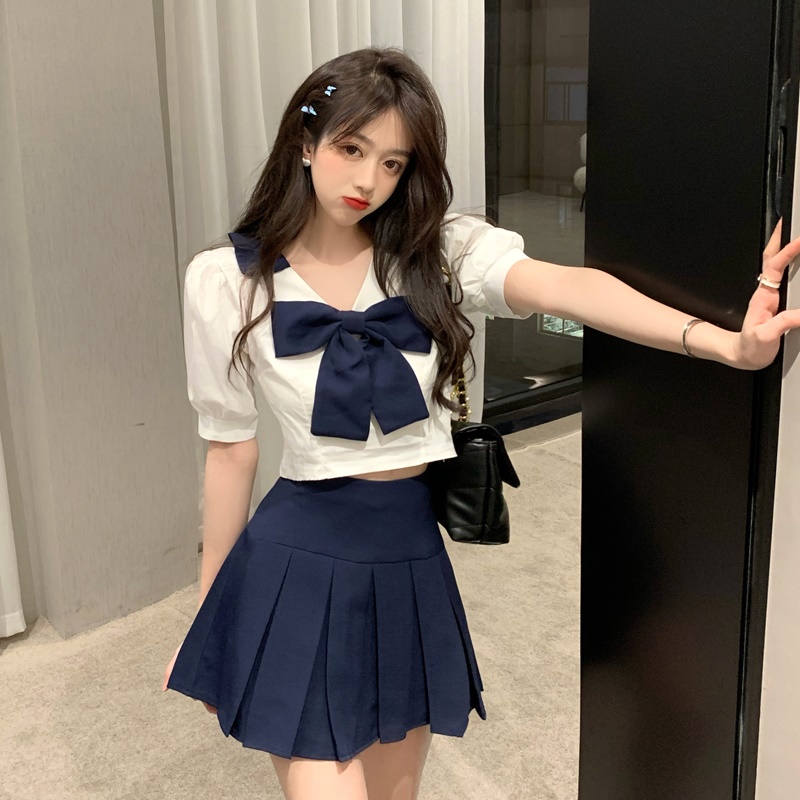 Women's Japanese jk student pleated skirt summer 2021 new college style puff sleeve short shirt suit Women Croptop SET