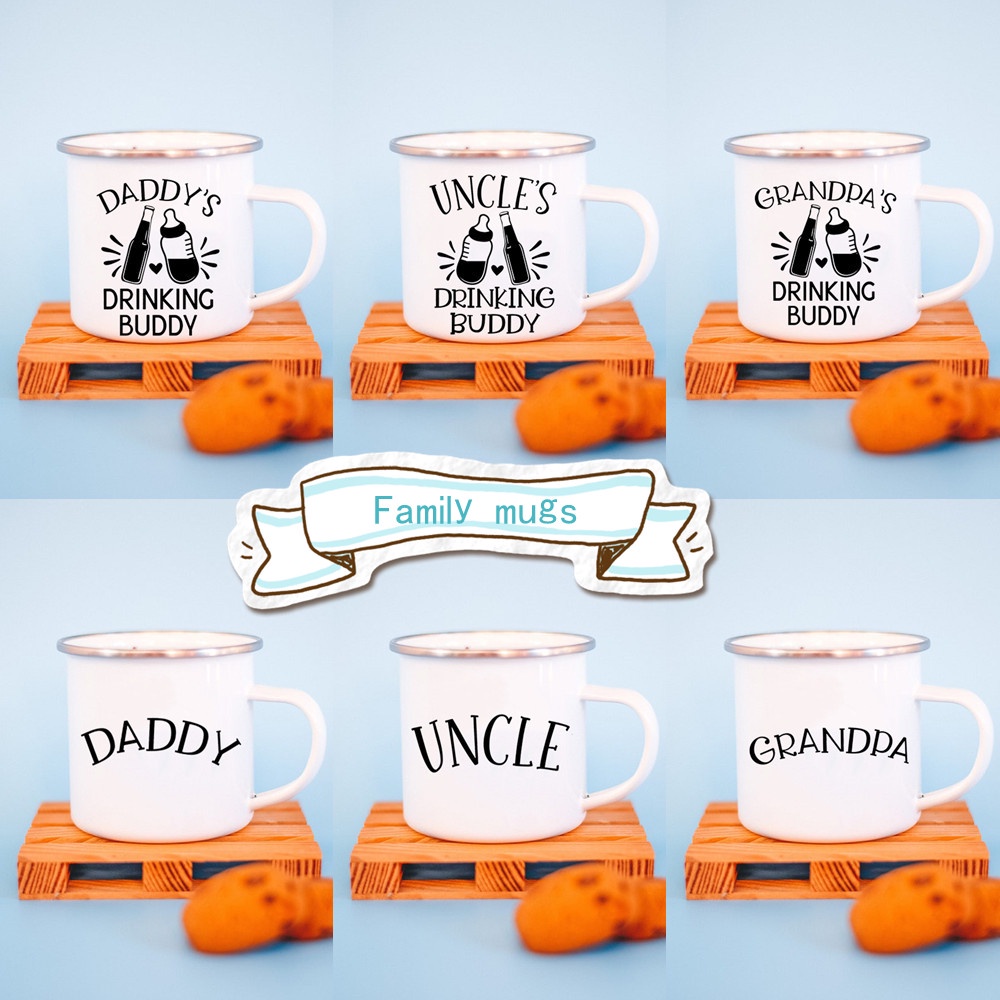 Family Enamel Mugs Children Funny Print Water Cups Happy Family Cups Daddy's Uncle's Enamel Mug