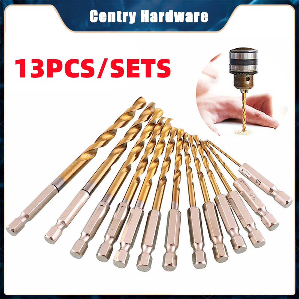 13-Piece HSS Titanium Coated Drill Bit Set - Hex Shank, 1.5-6.5mm, High Speed Steel