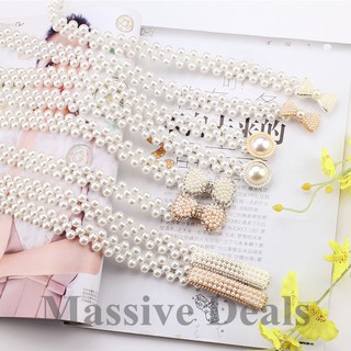Women Pearls Crystal Beads Chain Belt Stretchy Flower Buckle Waistband