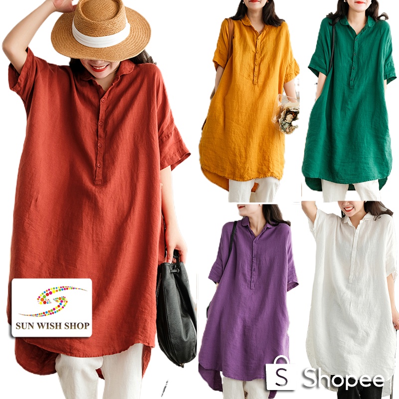 SUNWISH SWSA181 2022 Spring Short Sleeve Korean Linen Cotton Long ...
