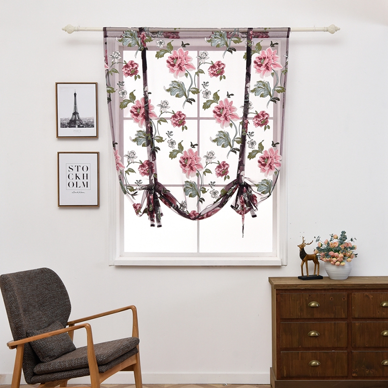 Flower Printed Tulle Window Curtain Kitchen Short Curtain For