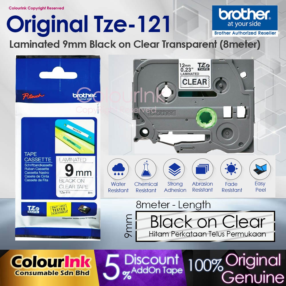 Brother Original TZe121 9mm Black on Clear Laminated Tape (PTH110 D200KT D210 D450 D600 P700