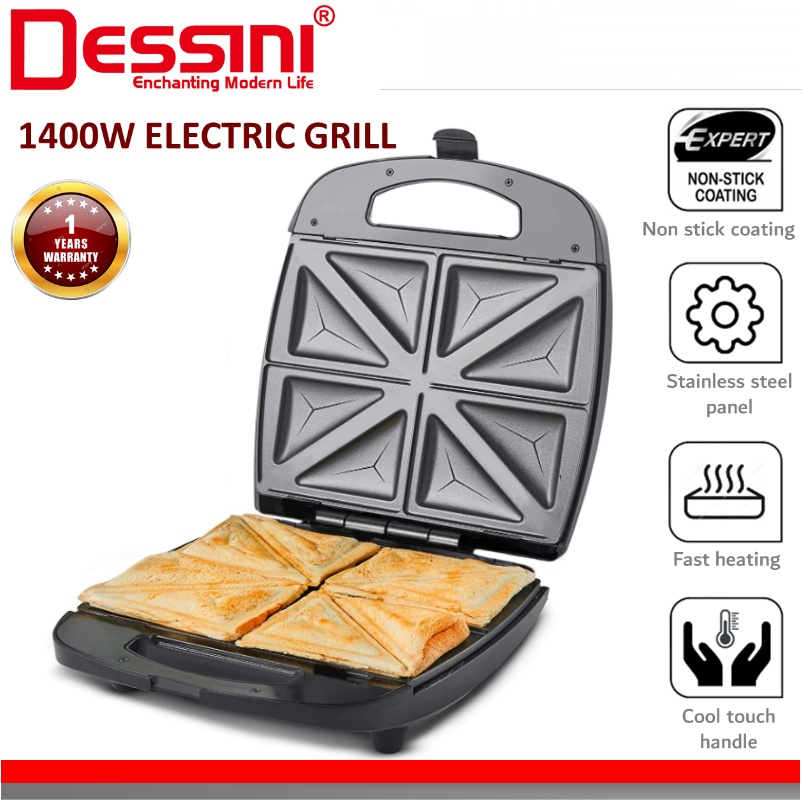 DESSINI ITALY Double Sided Electric Pizza Panini Waffle Sandwich Maker Toaster Barbecue BBQ Grill Non-Stick Baking Pan