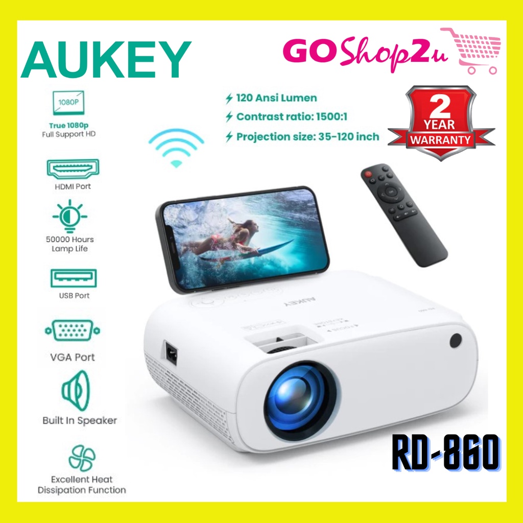 Aukey RD860 Full HD 1080P WiFi LCD Projector with Support Smartphone
