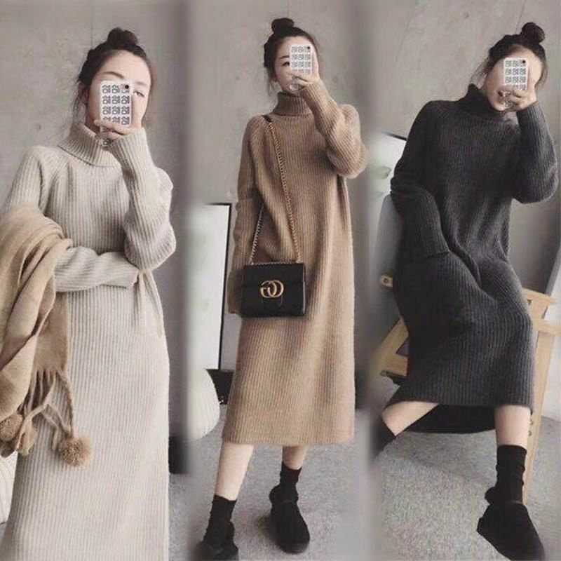 New Lazy Turtleneck Sweater Dress Women's Loose Thickened Long Bottomed Dress