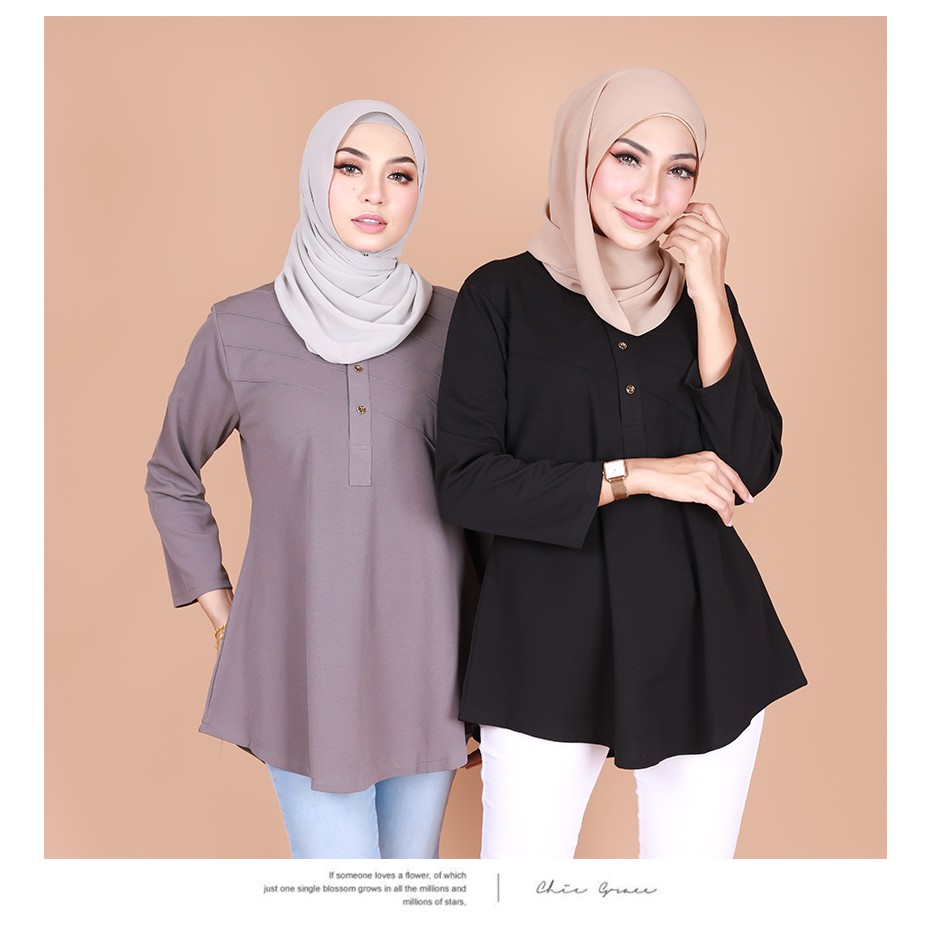 Ready Stock Qailah M 2xl Blouse Wanita Less Iron Blouse Menyusu Qailah Front Button Muslimah Blouse