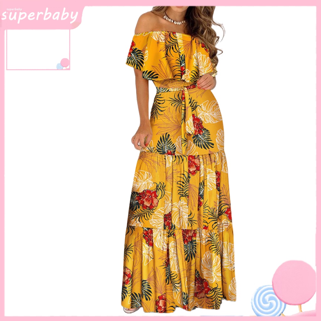 Superbaby Sundress Beach Dress Tropical Flower Print Sexy Long Dress Ruffle Trim Ladies Clothing