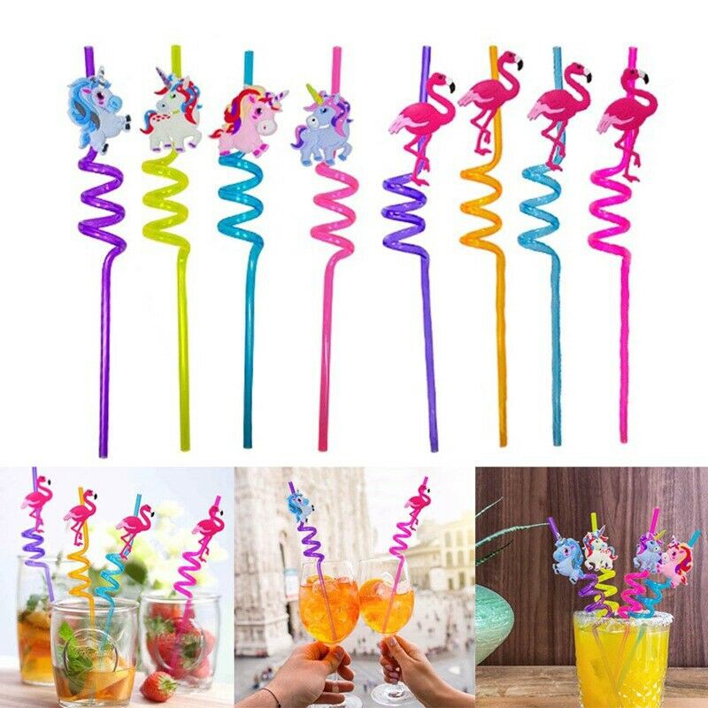 4x ANIMAL CRAZY DRINKING STRAWS Party Bag Fun Filler Twisty Curly Bendy Reusable 