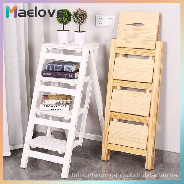 Solid Wood Household Multifunctional Folding Ladder 2/3/4-Step Ladder Chair Step Stool Indoor Climbing Ladder Wooden Ladder Storage Rack Space Saving