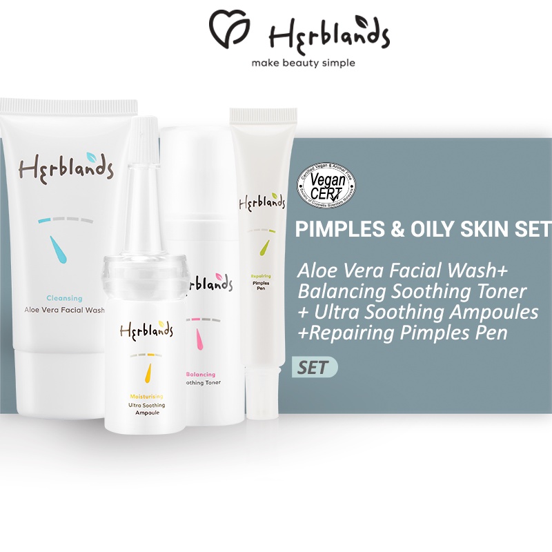 [Bundle Deal]Herblands Cleansing Aloe Vera Facial Wash+Balancing Soothing Toner+Ultra Soothing Ampoules+Pimples Pen