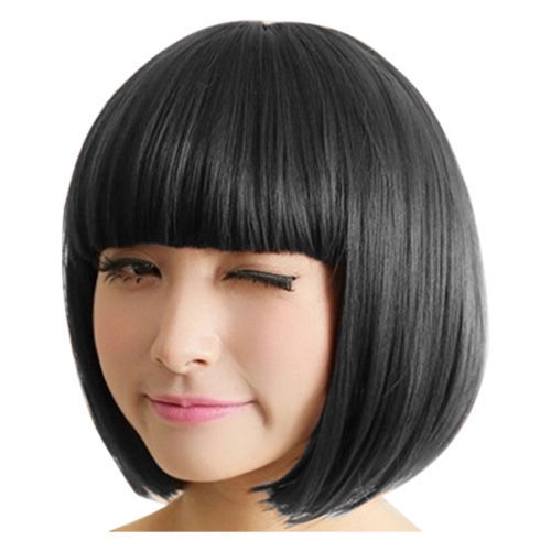 Women Black Bangs Short Straight Bob Hair Full Wig Cosplay Stylish
