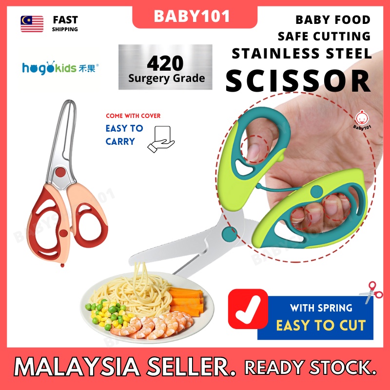 【Baby101】Hogokids 420 Stainless Steel Baby Food Scissors Portable Food Cutter Safety Hygiene Easy To Cut Bite Size 6M+