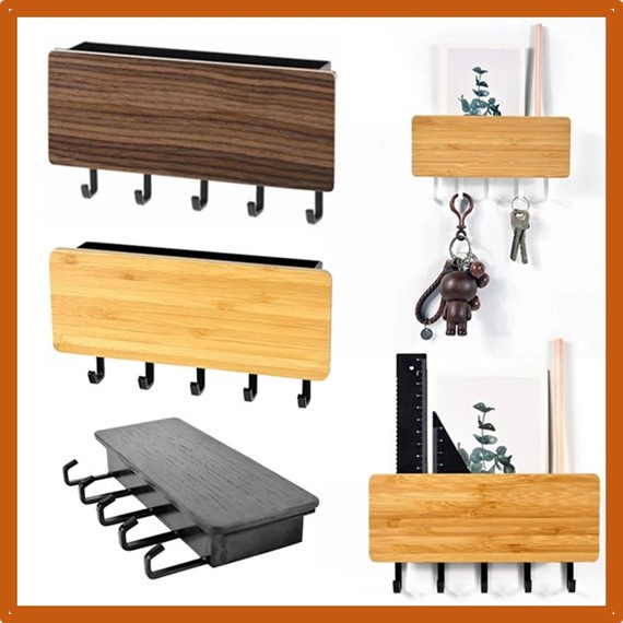 【Ready Stock】Key Holder Wall Mount Key Rack Wooden Bamboo Hook key rack Storage Hanger key holder Home Decor Wall-Mounted Decorative Wall Shelf Sundries Storage Box Organizer kunci rak