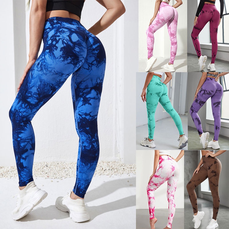 Thinkture Women Fashion Yoga Fitness Pants Tie Dye High Waist Abdomen Control Seamless Leggings Peach Hips Push Up Gym Sport Yoga Pants Workout Running Activewear Tights