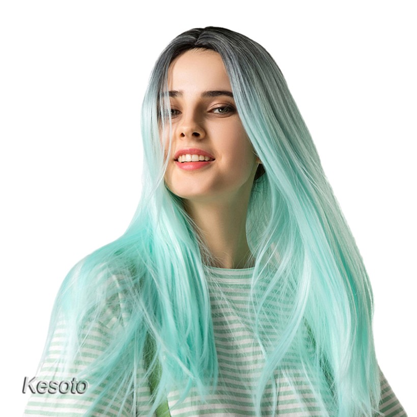 25 Inch Straight Center Parting Wigs Ombre Mint Green Halloween