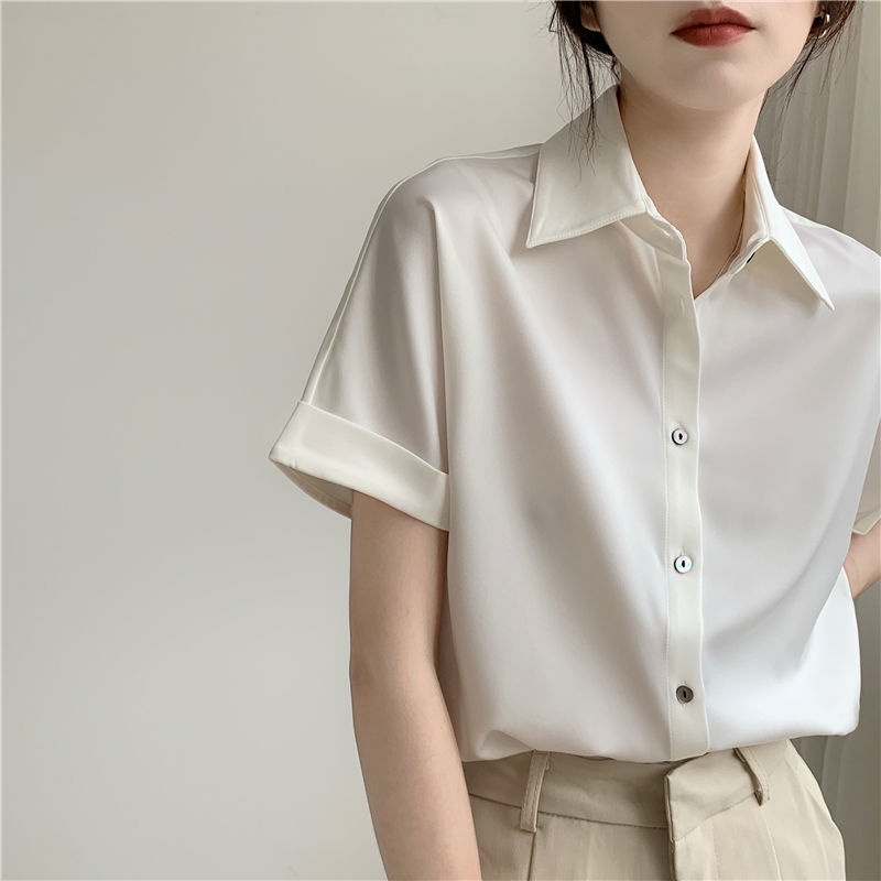 White Satin Short-sleeved Chiffon Shirt Women's Summer Dress Polo Shirt Commuter Interview Shirt